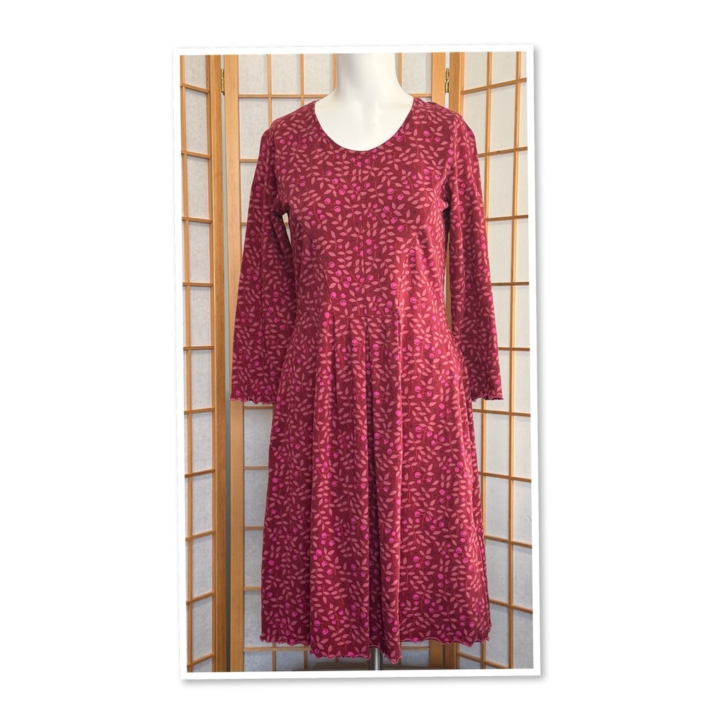 Gudrun Sjoden Burgundy Leaf and Berry Print Long Sleeve Dress